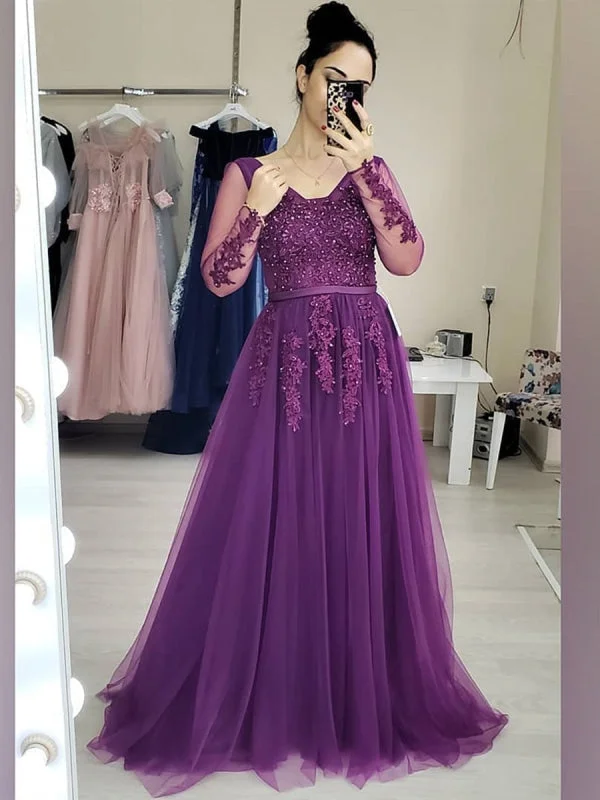 evening dress for black-tie events-Long Sleeves Beaded Purple Lace Long Prom, Purple Lace Formal, Purple Evening