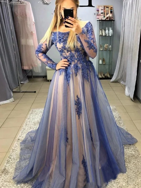 evening dress with crystals-Long Sleeves Blue Lace Long Prom, Blue Lace Formal Evening