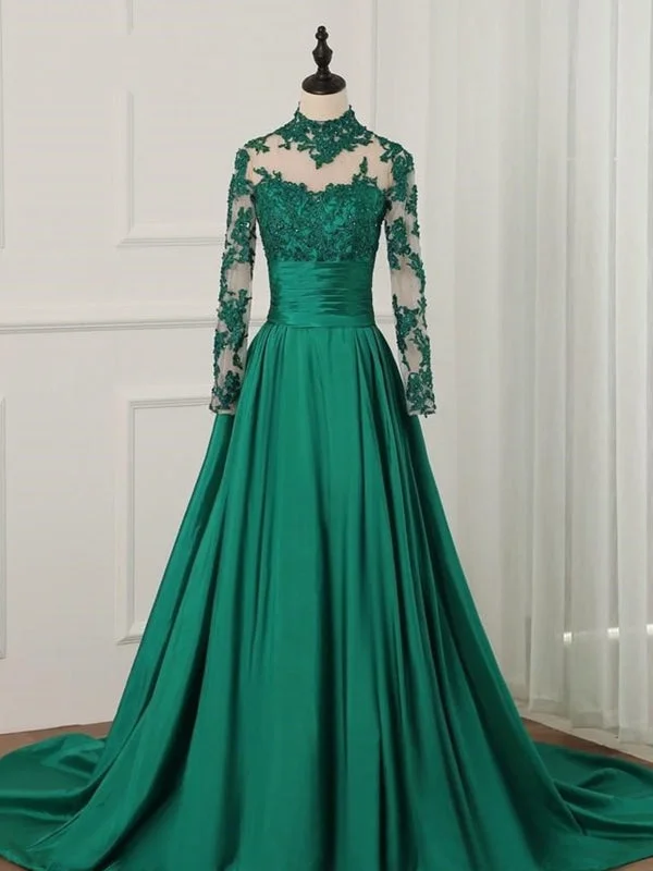 high-low evening gown-Long Sleeves High Neck Green Lace Prom Dresses, Green Lace Formal Dresses, Green Evening Dresses