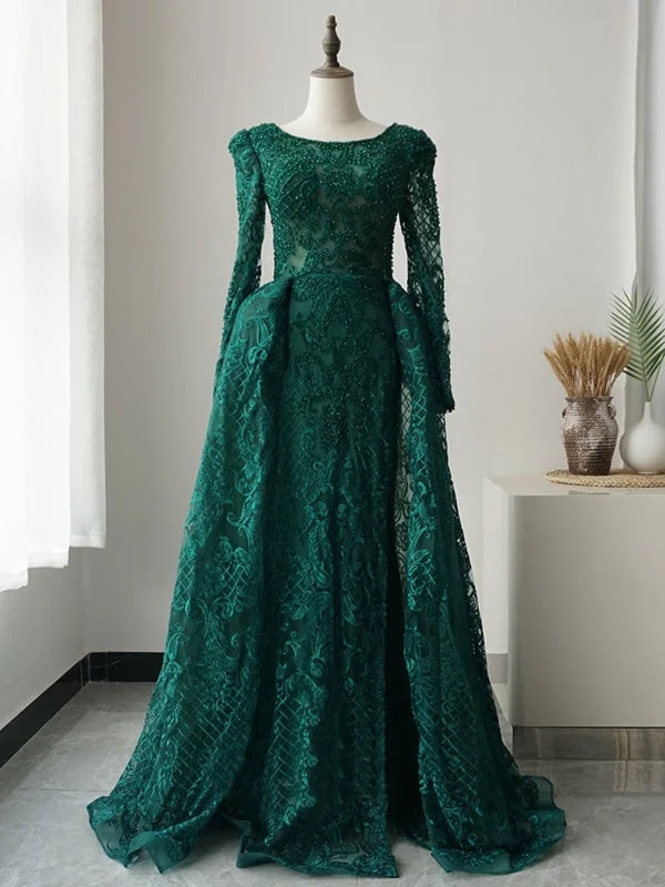 elegant velvet evening dress-Long Sleeves Round Neck Green Lace Beaded Long Prom Dresses, Beaded Green Lace Formal Evening Dresses