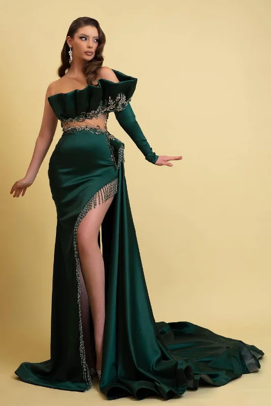 elegant long sleeve evening dress-Luxe Charmeuse Prom Gown with Dramatic Tassel Detail and High Side Slit