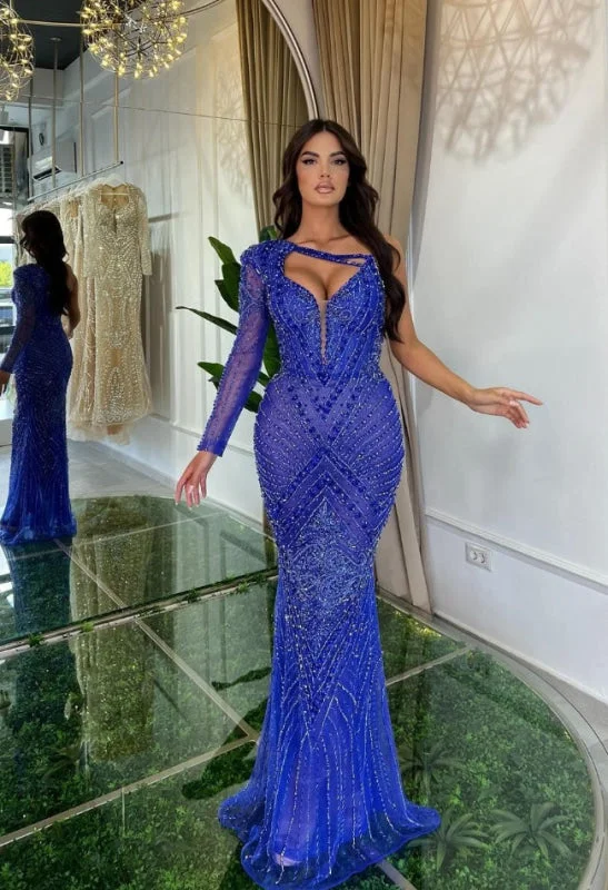 bodycon evening gown-Luxurious Blue One-Sleeve Mermaid Prom Dress with Beads