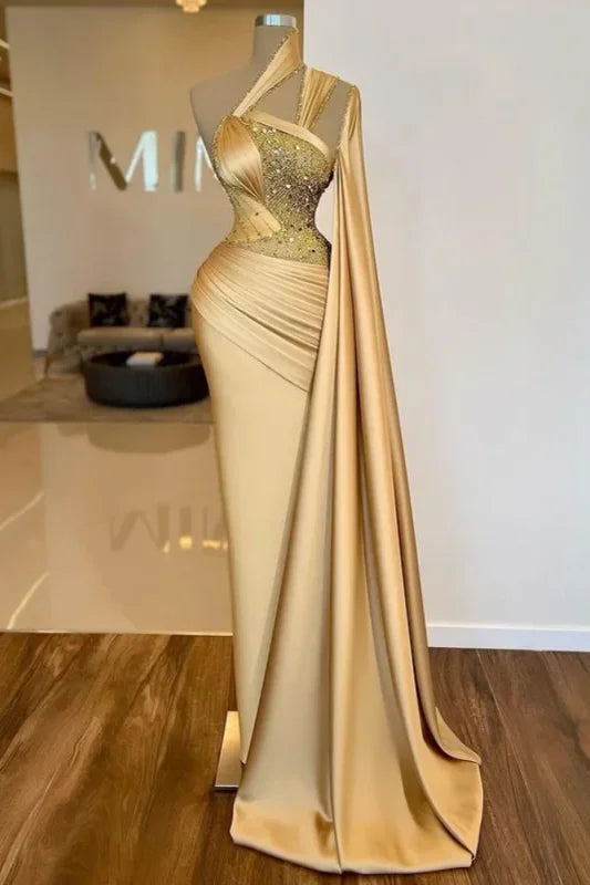 sophisticated evening dress-Luxurious Gold Asymmetric Mermaid Sheath Prom Dress