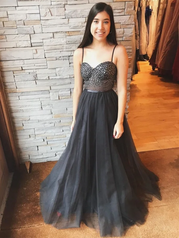 sleeveless evening gown-Luxurious Sweetheart Neck Rhinestone Black Long Prom, Spaghetti Straps Black Formal, Black Evening