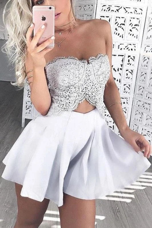 evening dress with sleeves and lace-Marvelous Amazing Two Pieces Cheap Strapless Lace Homecoming Satin Short Prom Party Dress