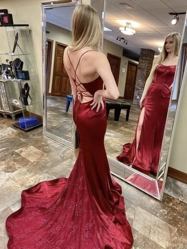 elegant white evening dress-Mermaid Backless Burgundy Long Prom with Lace Appliques, Mermaid Burgundy Formal, Burgundy Evening