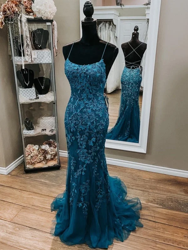 cap sleeve evening gown-Mermaid Backless Dark Teal Lace Long Prom, Mermaid Teal Lace Formal, Teal Lace Evening