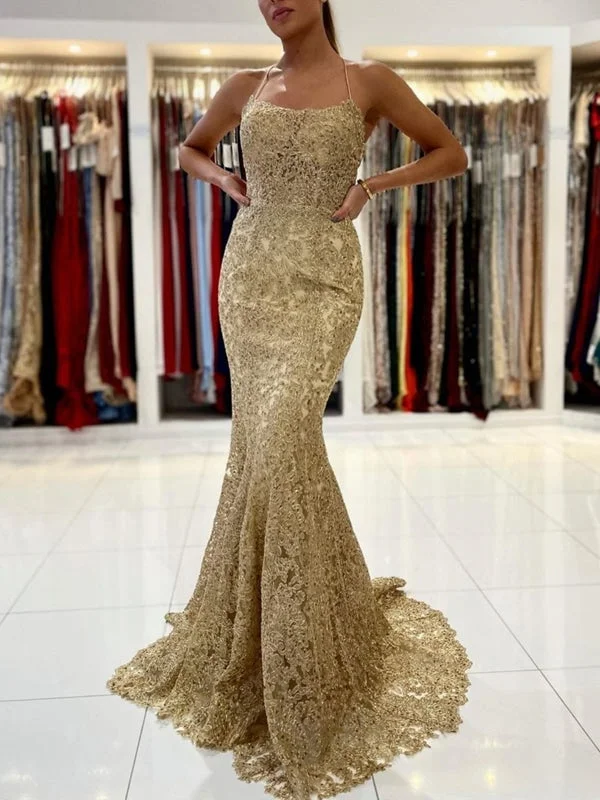 sleeveless tulle evening dress-Mermaid Backless Golden Lace Long Prom, Mermaid Gold Formal, Golden Lace Evening