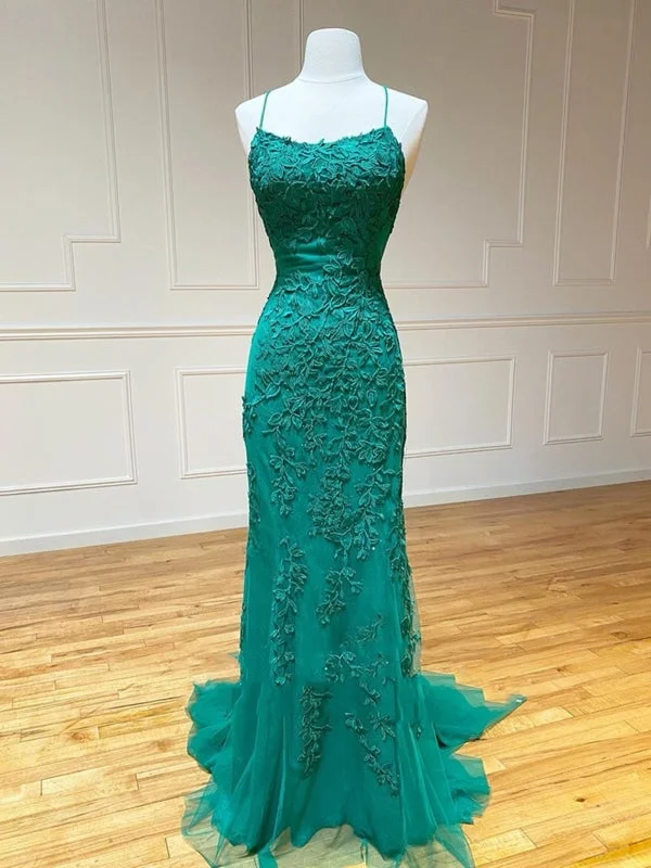 high slit evening dress-Mermaid Backless Green Lace Long Prom, Mermaid Green Formal, Green Lace Evening