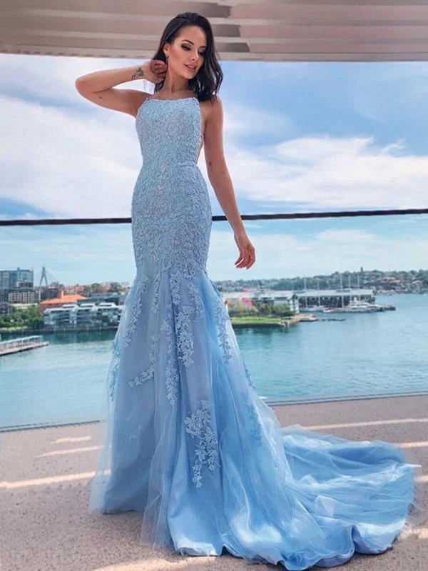 elegant evening gown with beads-Mermaid Backless Light Blue Lace Long Prom Dresses, Mermaid Blue Formal Dresses, Light Blue Lace Evening Dresses