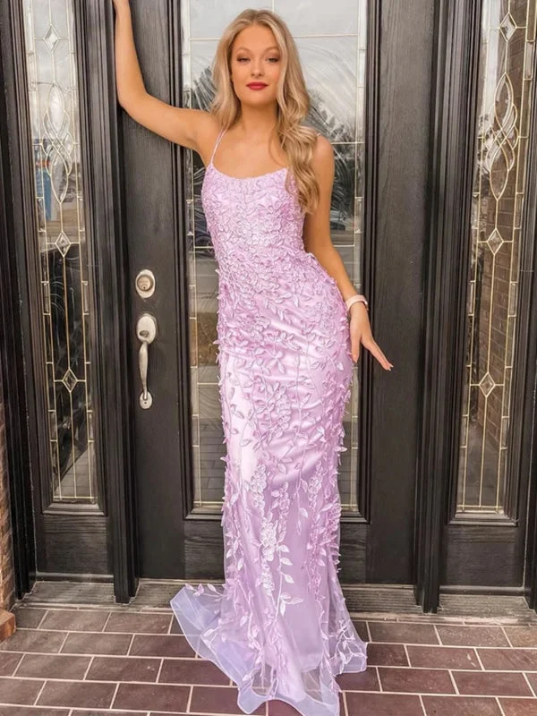 high-low evening gown-Mermaid Backless Lilac Lace Appliqued Long Prom Dresses, Purple Lace Formal Graduation Evening Dresses