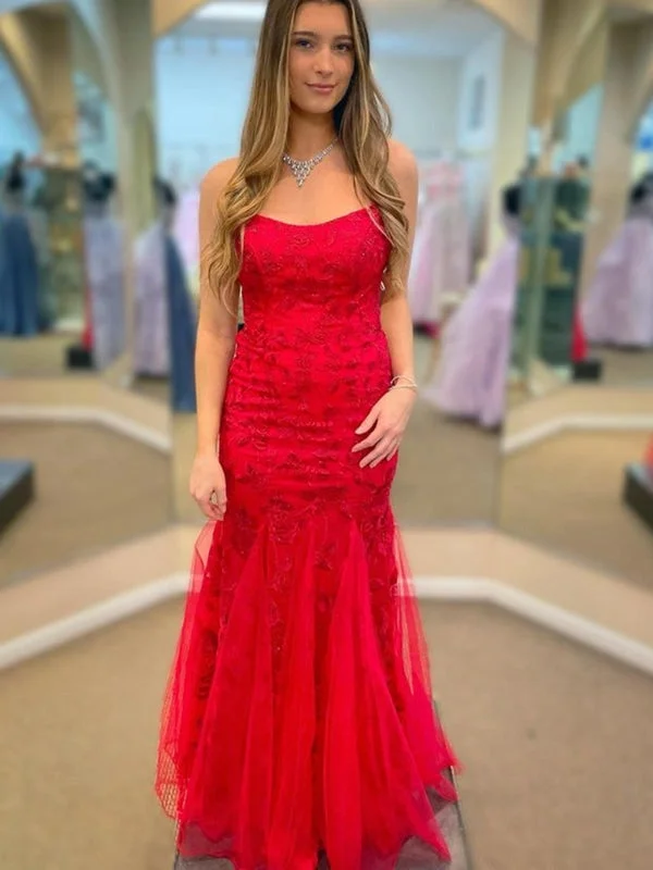 navy blue evening gown-Mermaid Backless Red Lace Long Prom Dresses, Mermaid Red Formal Dresses, Red Lace Evening Dresses