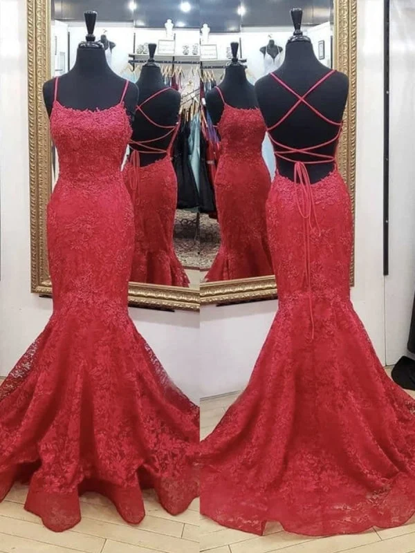 elegant long sleeve evening dress-Mermaid Backless Red Lace Long Prom, Mermaid Red Formal, Red Lace Evening