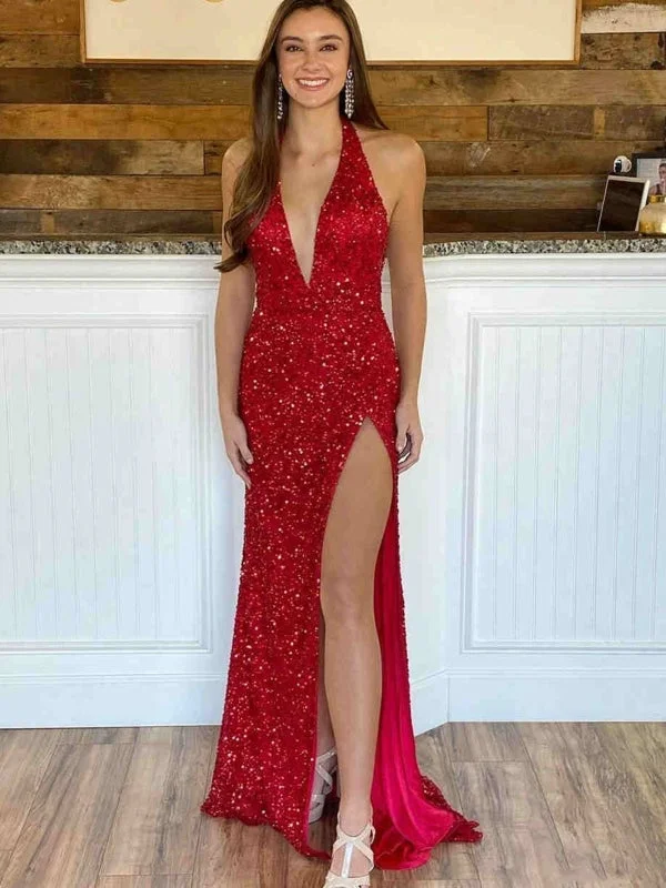 elegant ball gown evening dress-Mermaid Backless V Neck Burgundy Sequins Long Prom Dresses, Mermaid Burgundy Formal Dresses, Shiny Sequins Burgundy Evening Dresses