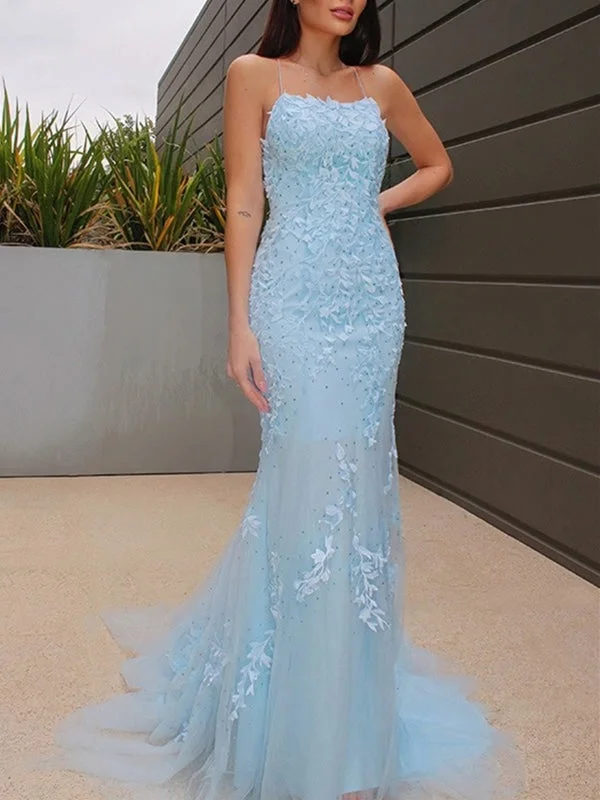 shimmering evening gown-Mermaid Beaded Light Blue Lace Long Prom Dresses with Train, Light Blue Lace Formal Graduation Evening Dresses