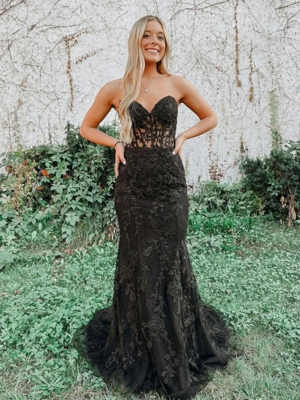 elegant evening attire-Mermaid Black Lace Long Prom Dresses, Strapless Black Lace Formal Dresses, Black Tulle Evening Dresses