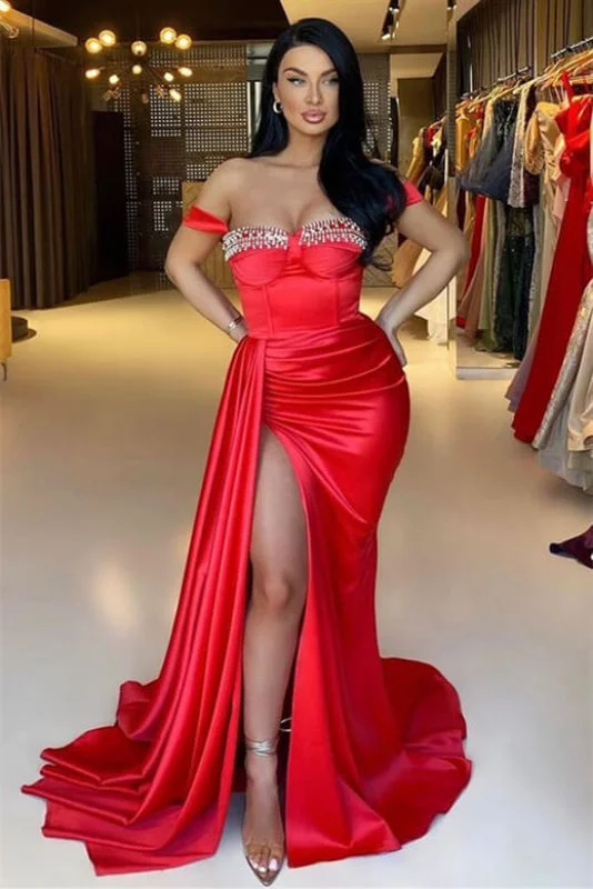 cap sleeve evening gown-Mermaid Off-The-Shoulder Beadings Sweetheart Evening Dress Long With Ruffles in Red Split