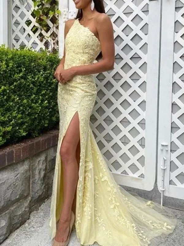 formal evening dress-Mermaid One Shoulder Yellow Lace Long Prom Dresses with High Slit, Mermaid Yellow Formal Dresses, Yellow Lace Evening Dresses