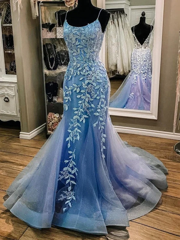 elegant satin evening dress-Mermaid Open Back Blue Lace Long Prom Dresses, Mermaid Blue Formal Dresses, Blue Lace Evening Dresses