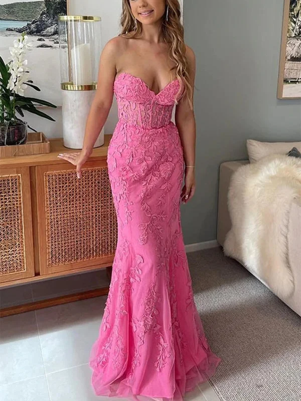 evening gown with floral lace-Mermaid Open Back Pink Lace Long Prom Dresses, Sweetheart Neck Pink Formal Dresses, Pink Lace Evening Dresses