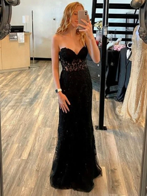 vintage-inspired evening gown-Mermaid Open Backe Black Lace Long Prom Dresses, Strapless Black Formal Dresses, Black Lace Evening Dresses