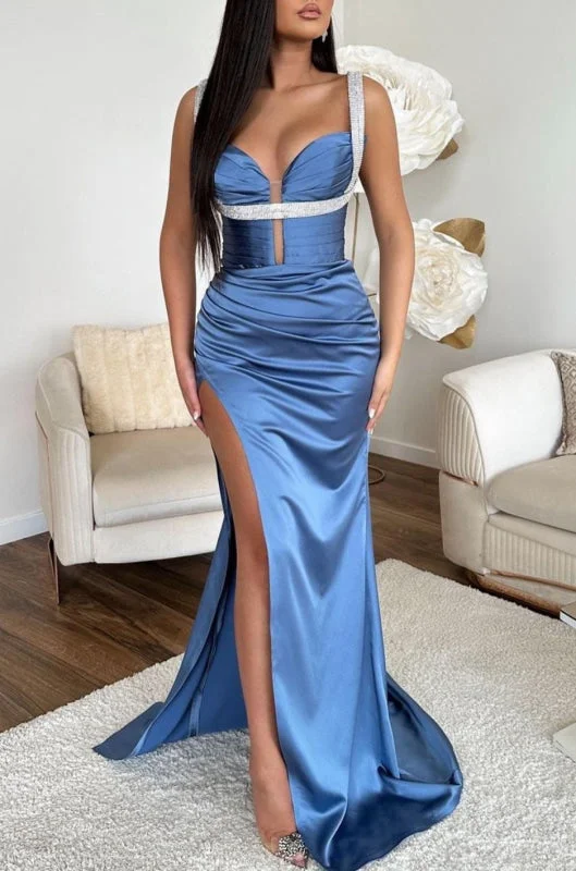 evening dress with mesh overlay-Mermaid Prom Dress Ocean Blue Spaghetti Strap High Slit V Neck Sleeveless