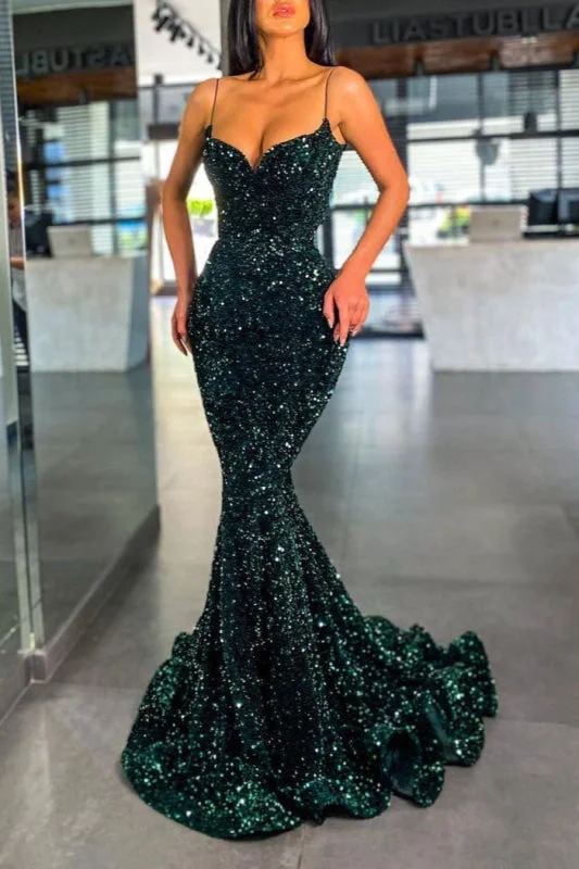 evening dress with ruffles-Mermaid Prom Dress with Dark Green Sequins