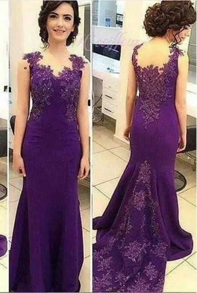 evening gown with high-low hem-Mermaid Purple Long Prom Dresses with Appliques