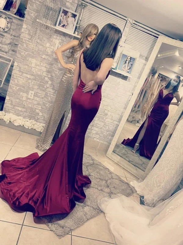 draped evening gown-Mermaid V Neck Backless Burgundy Long Promes, Mermaid Burgundy Formal, Burgundy Evening