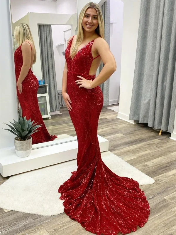 evening dress for prom-Mermaid V Neck Backless Burgundy Long Prom Dresses, Mermaid Burgundy Formal Dresses, Backless Burgundy Evening Dresses