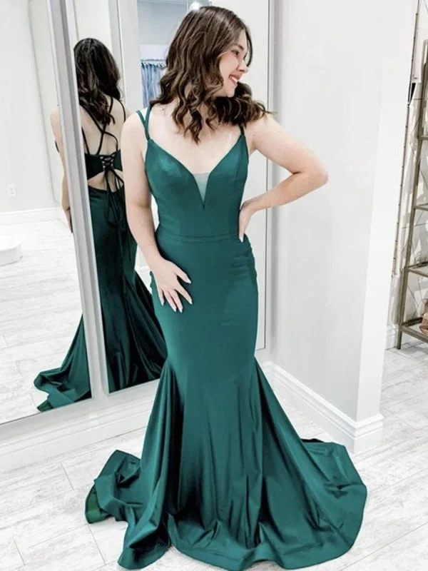 illusion neckline evening gown-Mermaid V Neck Backless Green Long Prom, Green Mermaid Formal Graduation Evening