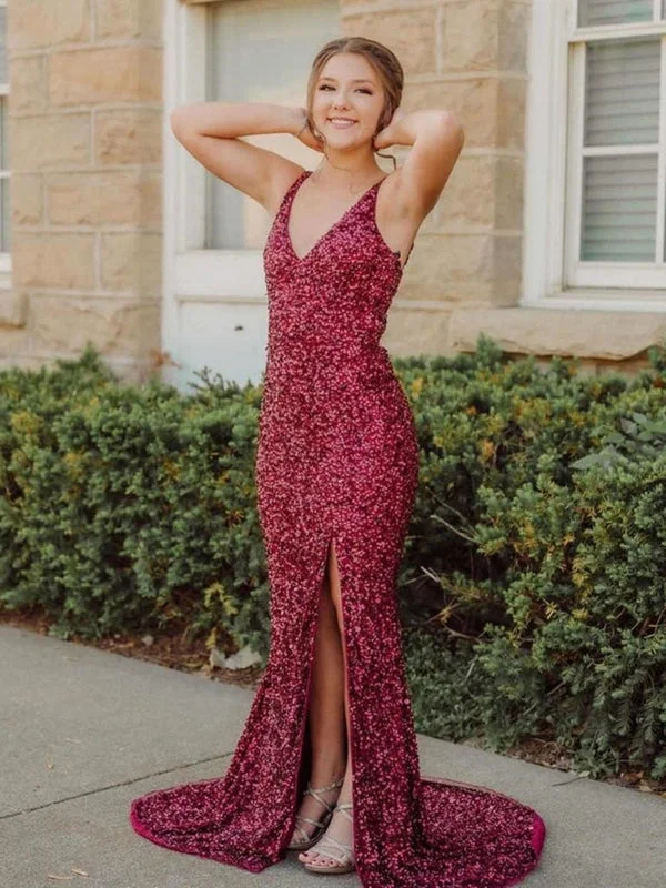 formal evening gown-Mermaid V Neck Burgundy Sequins Long Prom Dresses, Mermaid Burgundy Formal Dresses, Burgundy Evening Dresses