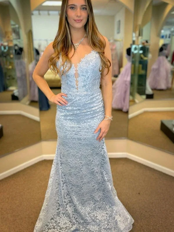 elegant peplum evening gown-Mermaid V Neck Light Blue Lace Long Prom Dresses, Light Blue Lace Formal Dresses, Mermaid Light Blue Evening Dresses