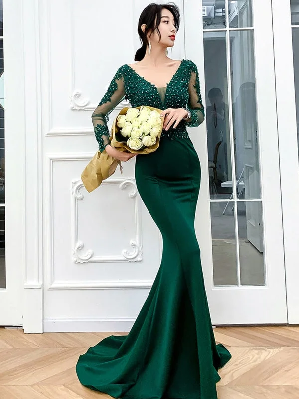 elegant evening dress-Mermaid V Neck Long Sleeves Beaded Green Long Prom Dresses, Mermaid Green Formal Dresses, Beaded Green Evening Dresses