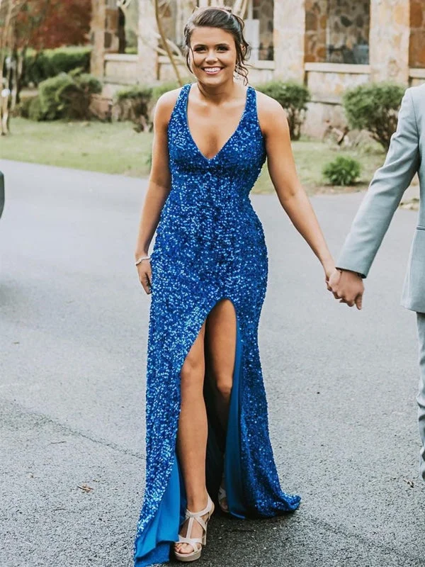 spaghetti strap evening gown-Mermaid V Neck Open Back Blue Sequins Long Prom Dresses, High Slit Mermaid Blue Formal Dresses, Shiny Sequins Blue Evening Dresses