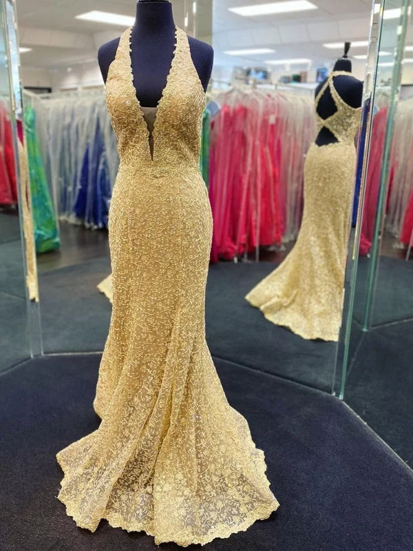 evening dress with ruffles-Mermaid V Neck Open Back Golden Lace Long Prom Dresses, Mermaid Golden Formal Dresses, Golden Lace Evening Dresses