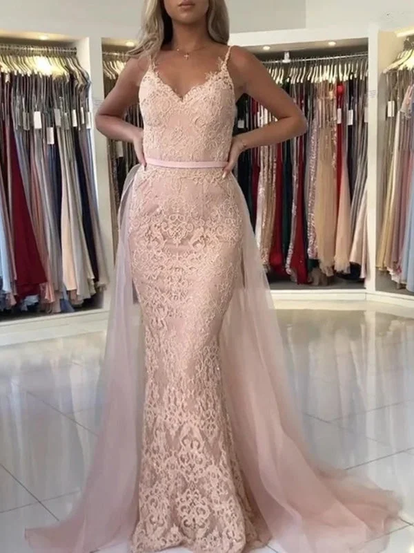 ruched evening gown-Mermaid V Neck Pink Lace Long Prom Dresses, Mermaid Pink Formal Dresses, Pink Lace Evening Dresses