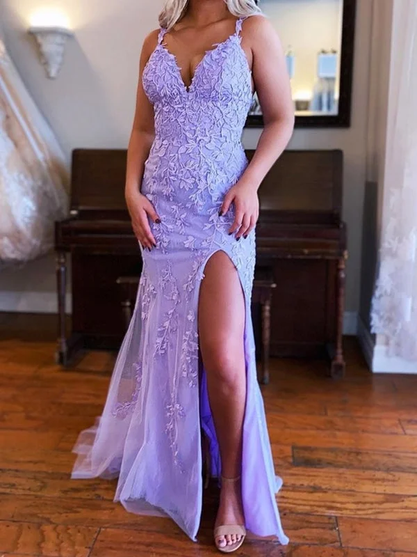 shimmering evening gown-Mermaid V Neck Purple Lace Long Prom, Purple Lace Formal, Mermaid Purple Evening