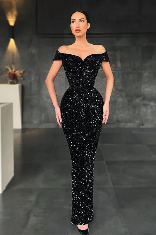 floor-length evening gown-Midnight Glam Off-the-Shoulder Mermaid Prom Gown