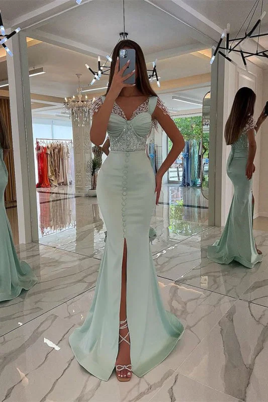 high slit evening dress-Mint Green Cap-Sleeve Prom Dress with Front Slit and Button Beads