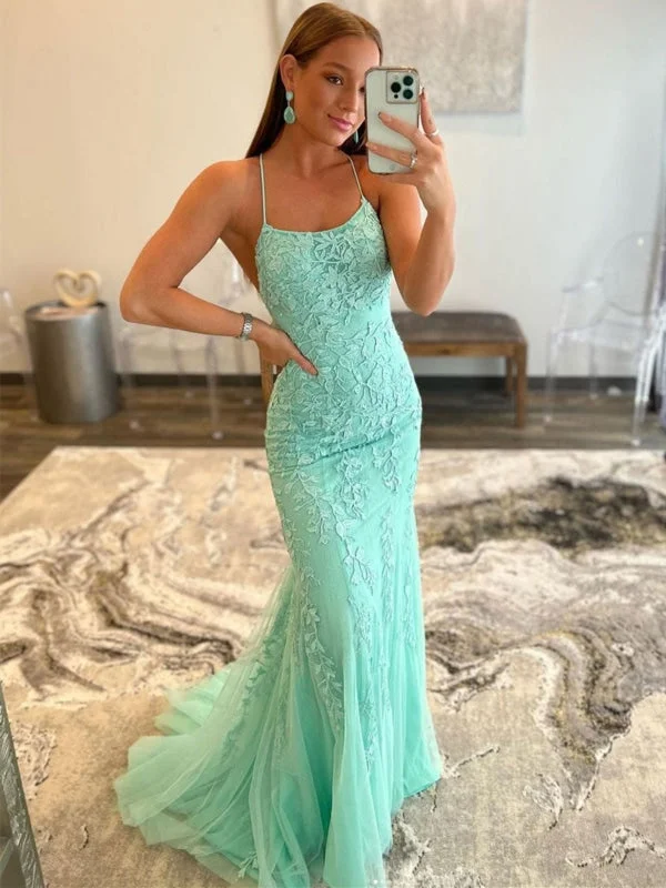 bodycon evening gown-Mint Green Lace Mermaid Backless Long Prom Dresses, Mermaid Mint Green Formal Dresses, Mint Green Lace Evening Dresses