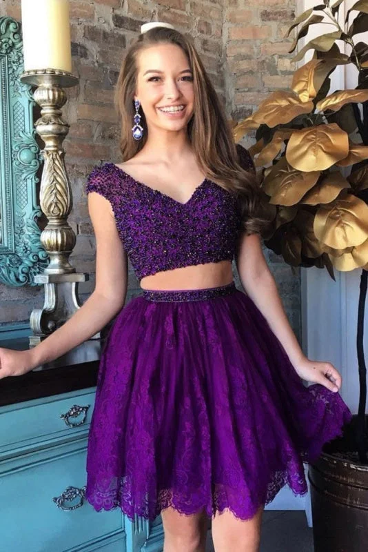 sleeveless tulle evening dress-Modest Amazing Purple Beaded Bodice Cap Sleeves Dresses Two Piece Lace Homecoming Dress