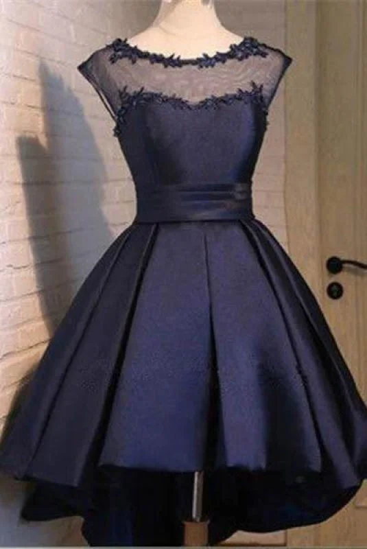 classic black evening gown-Navy Blue Satin Classy Homecoming Sexy Party Graduation Short Prom Dress