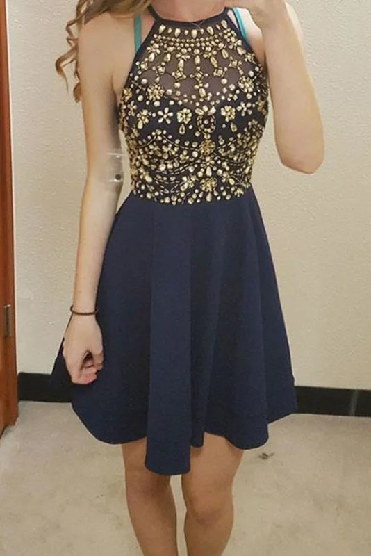 satin evening dress-Navy Blue Sleeveless Short Homecoming Cute Mini Prom Dress with Rhinestones