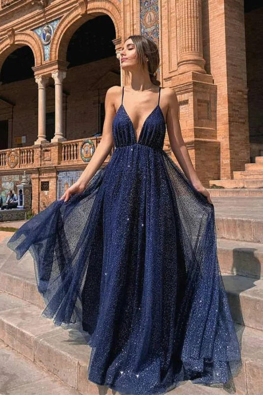 lace evening dress-Navy Blue Sparkling Sequin Spaghetti Strap Prom Gown