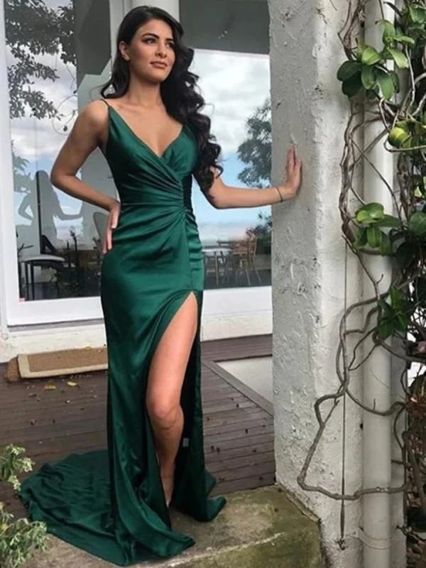 strapless evening dress-Newest V Neck Mermaid Emerald Green Long Prom with Split, Mermaid Emerald Green Formal, Emerald Green Evening