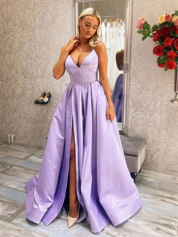 cap sleeve evening gown-Newest V Neck Purple Satin Long Prom with Slit, V Neck Purple Formal, Purple Evening