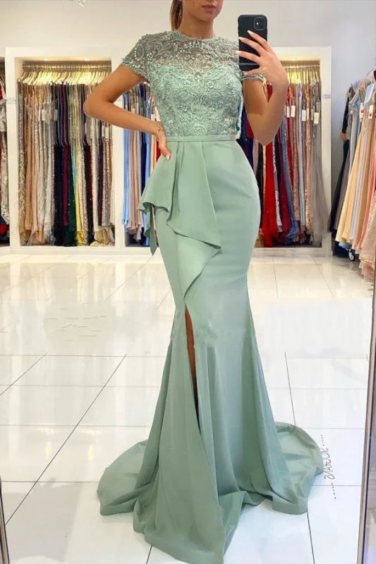 modest evening dress-Ocean Blue Lace Mermaid Prom Dress with Sultry Slit