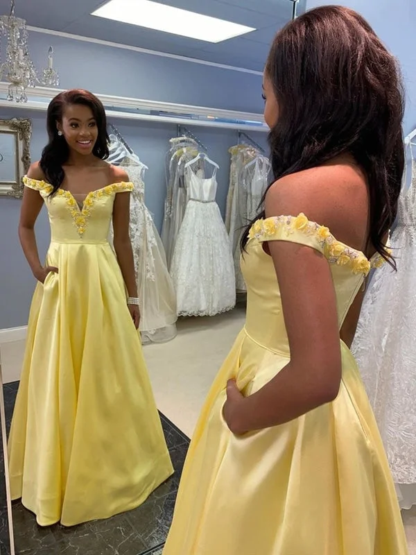 long sleeve evening gown-Off Shoulder 3D Flowers Yellow Satin Long Prom, Yellow Floral Formal, Yellow Evening