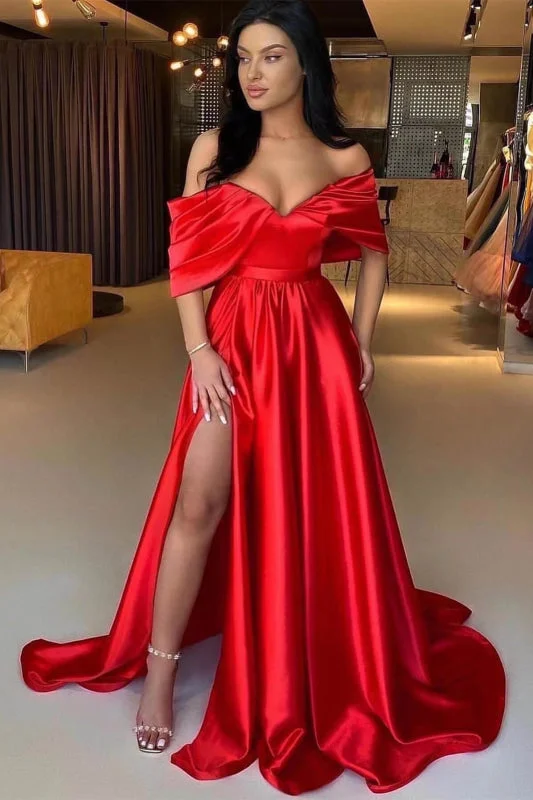 off-the-shoulder evening gown-Off-Shoulder A-Line Prom Gown with Daring Split